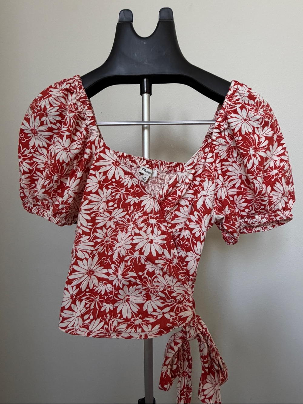 Madewell Red Floral Puff-Sleeve Wrap Top